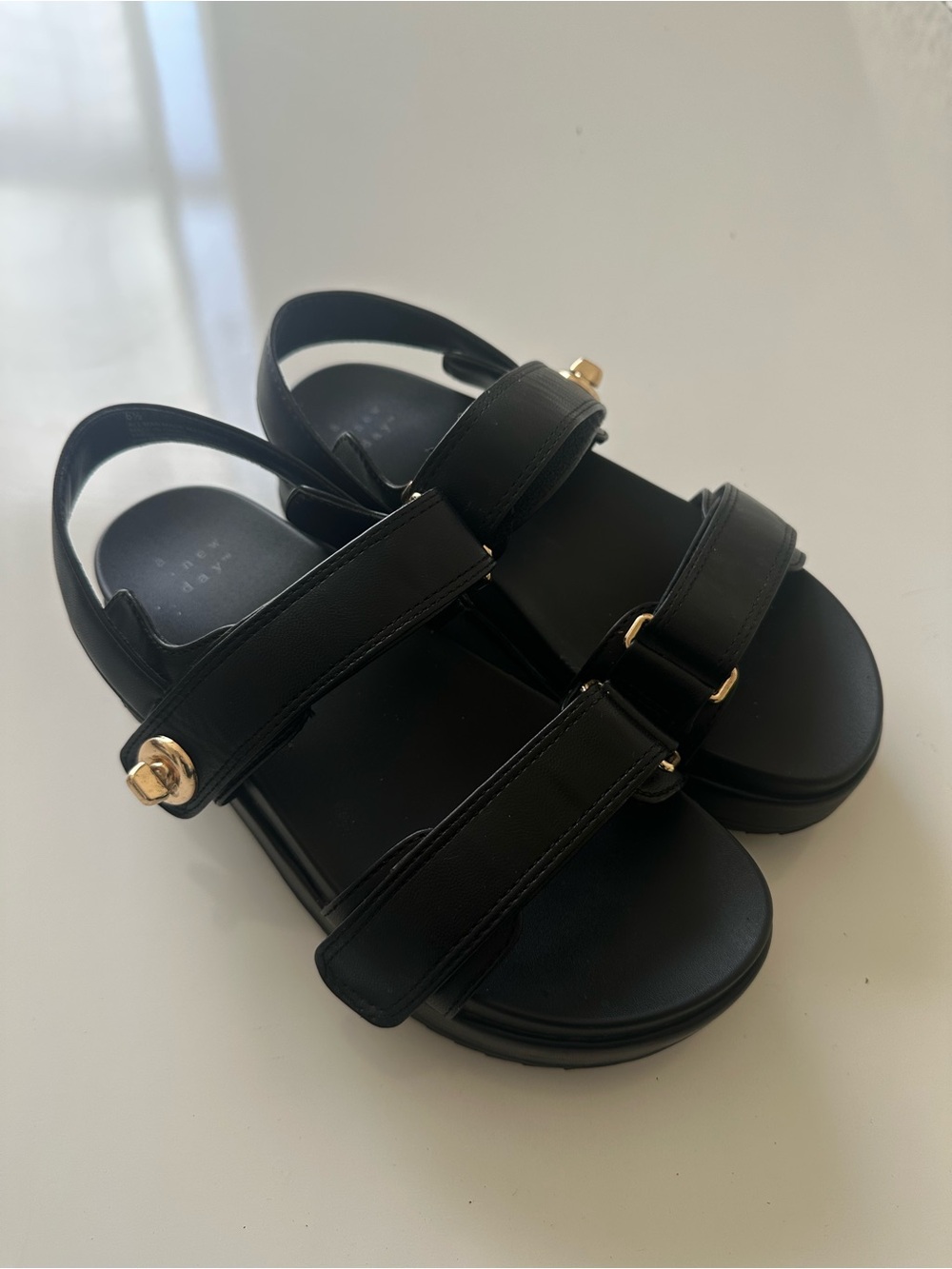 Black Platform Double-Strap Sandals with Gold Hardware